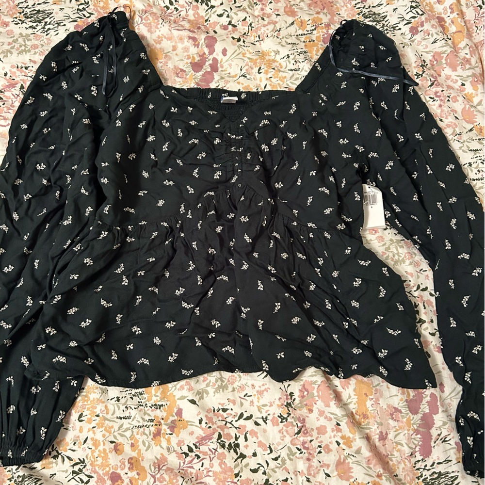 Old Navy Dark Green Blouse with White Floral Print